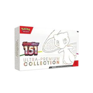 Pokémon Cards 151 Ultra Premium Collection featuring exclusive metal Mew ex card, Mewtwo promo, 16 Scarlet & Violet 151 booster packs, and accessories.