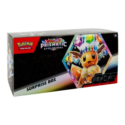 Pokémon Scarlet & Violet Prismatic Evolutions Surprise Box—sealed mystery box with vibrant boosters, collectible Pokémon cards, and exciting surprises.